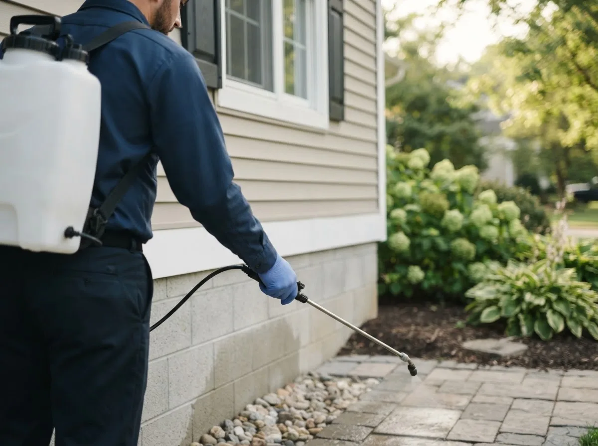 Pest control technician inspecting a home in Collison, IL